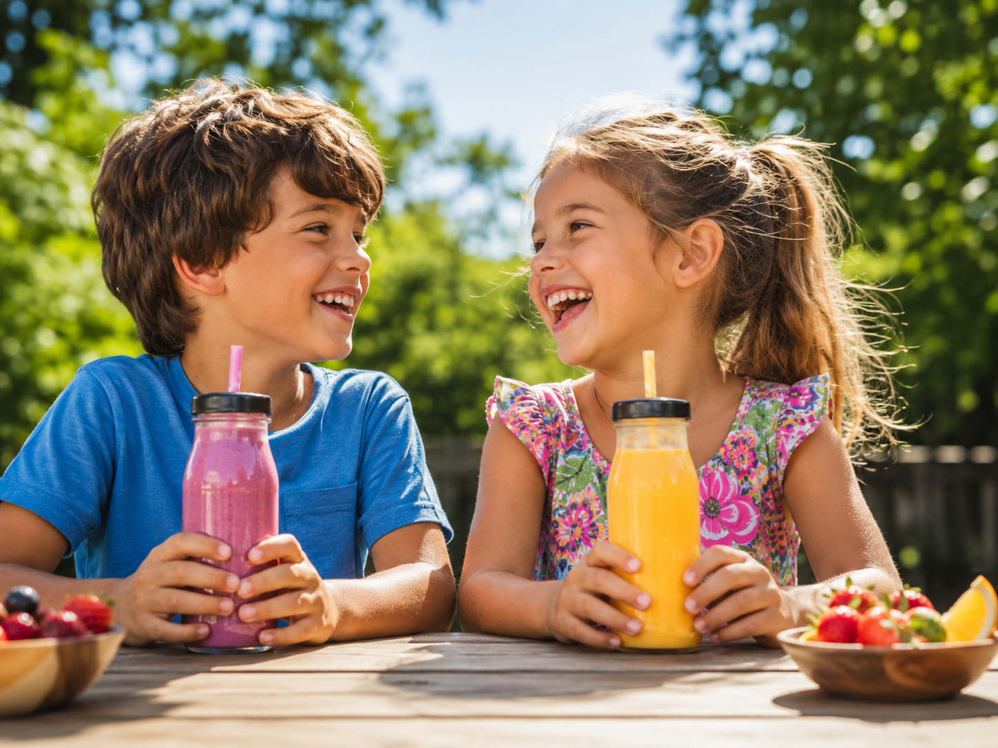Kids laughing at a picnic with Siparoo smoothies