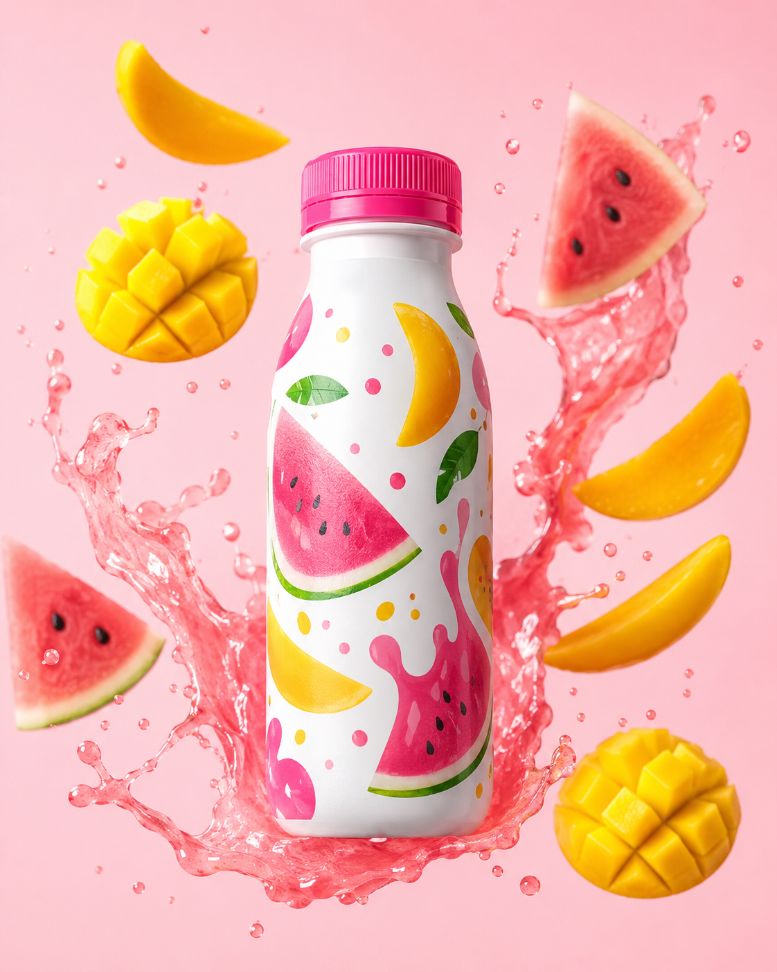 Siparoo kids smoothie bottle surrounded by fruit splashes